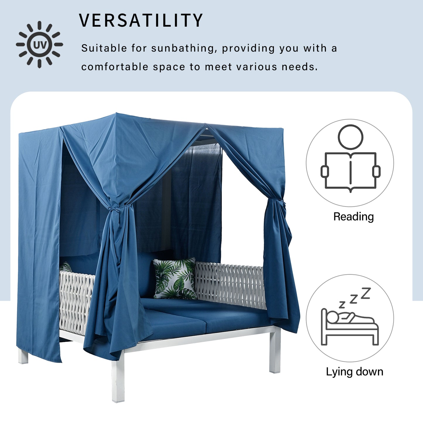 Blue canopy daybed with white woven sides and tropical pillows for outdoor relaxation