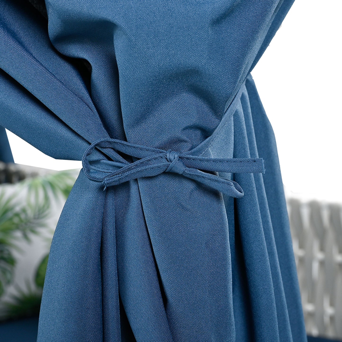 Blue textured outdoor patio umbrella fabric with tie closure