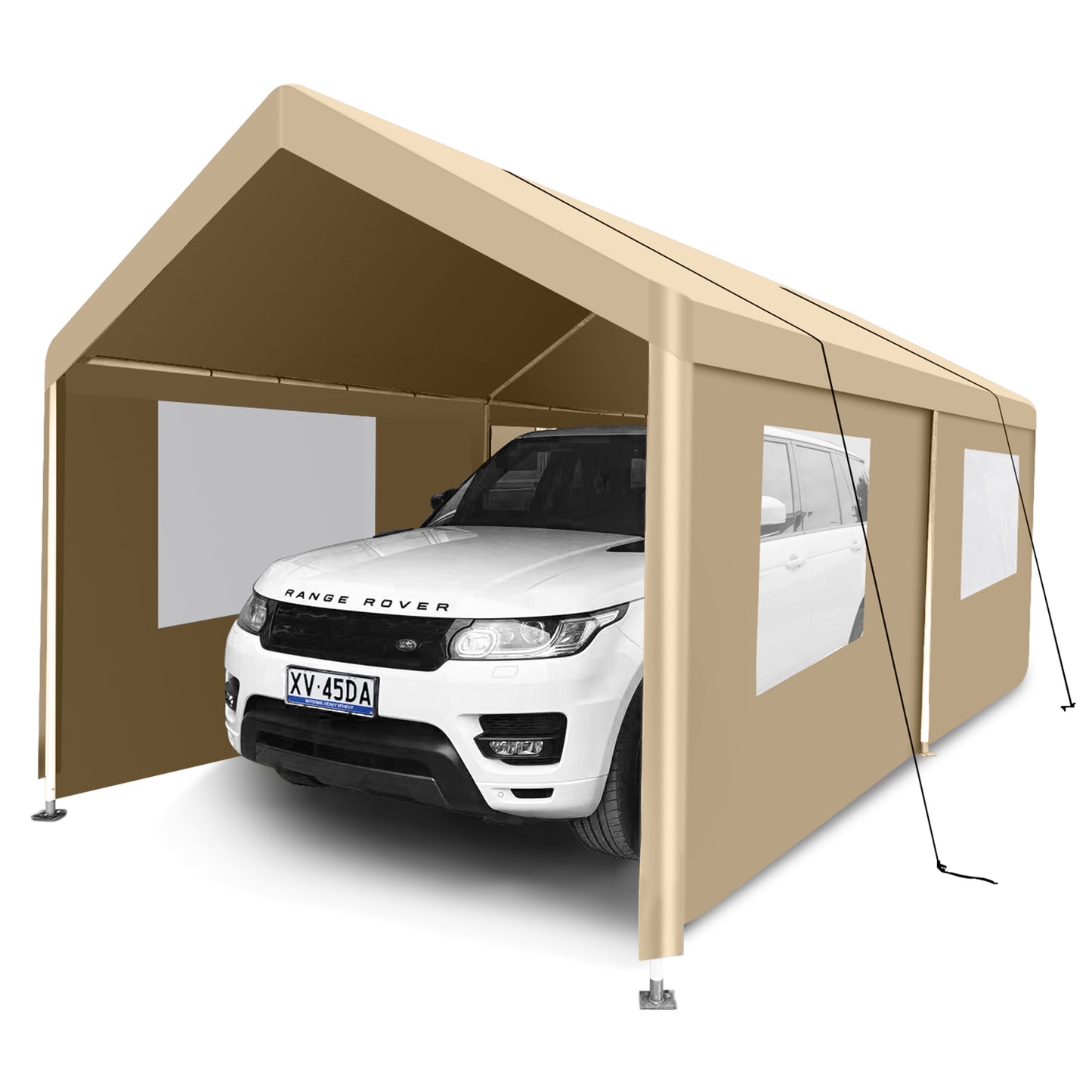 Tan outdoor car shelter protecting a white Range Rover from elements