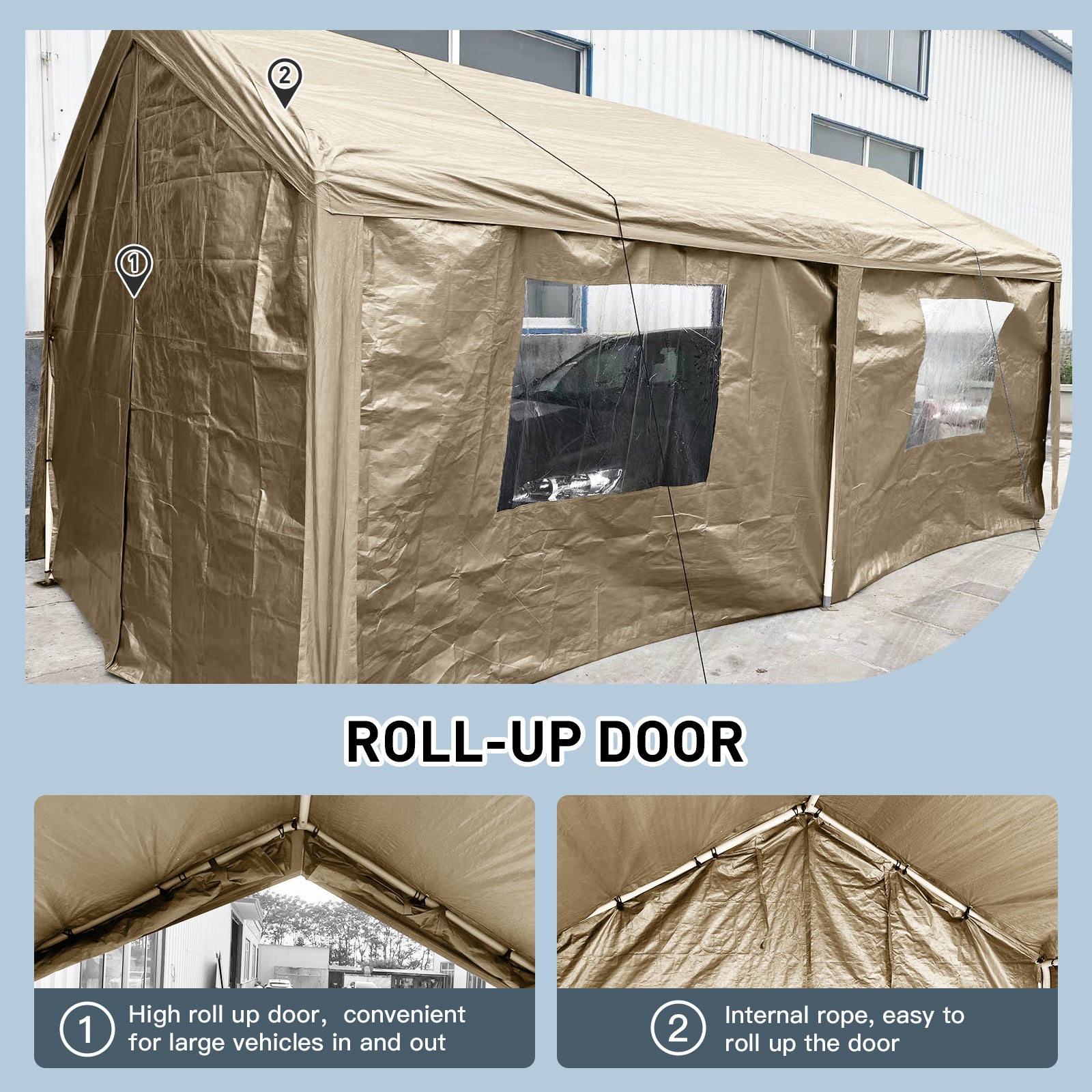 Large tan heavyduty carport with rollup door for vehicle protection