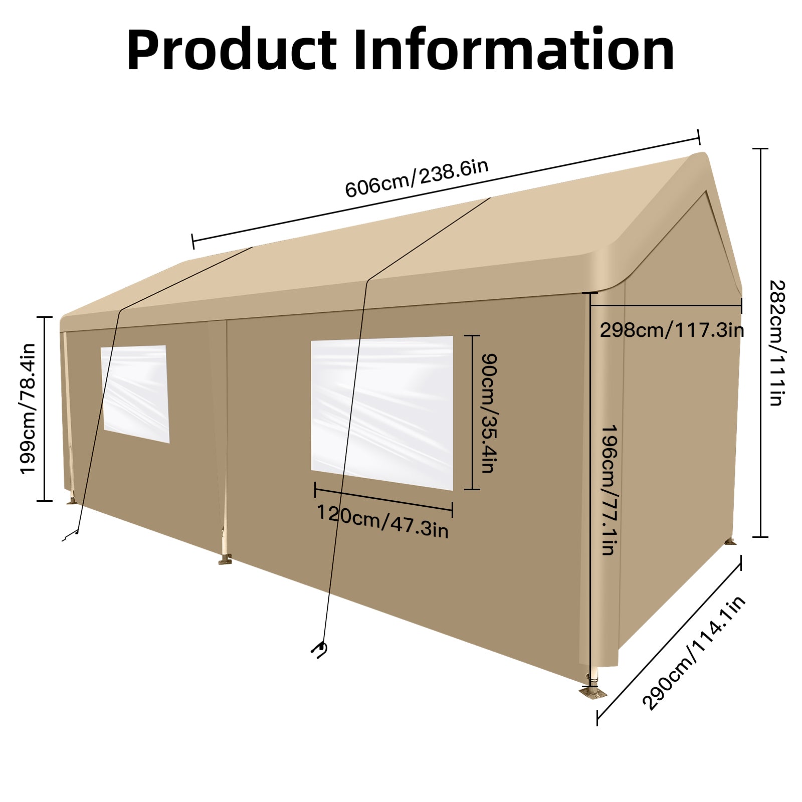 Tan carport tent with dimensions labeled cm long cm high