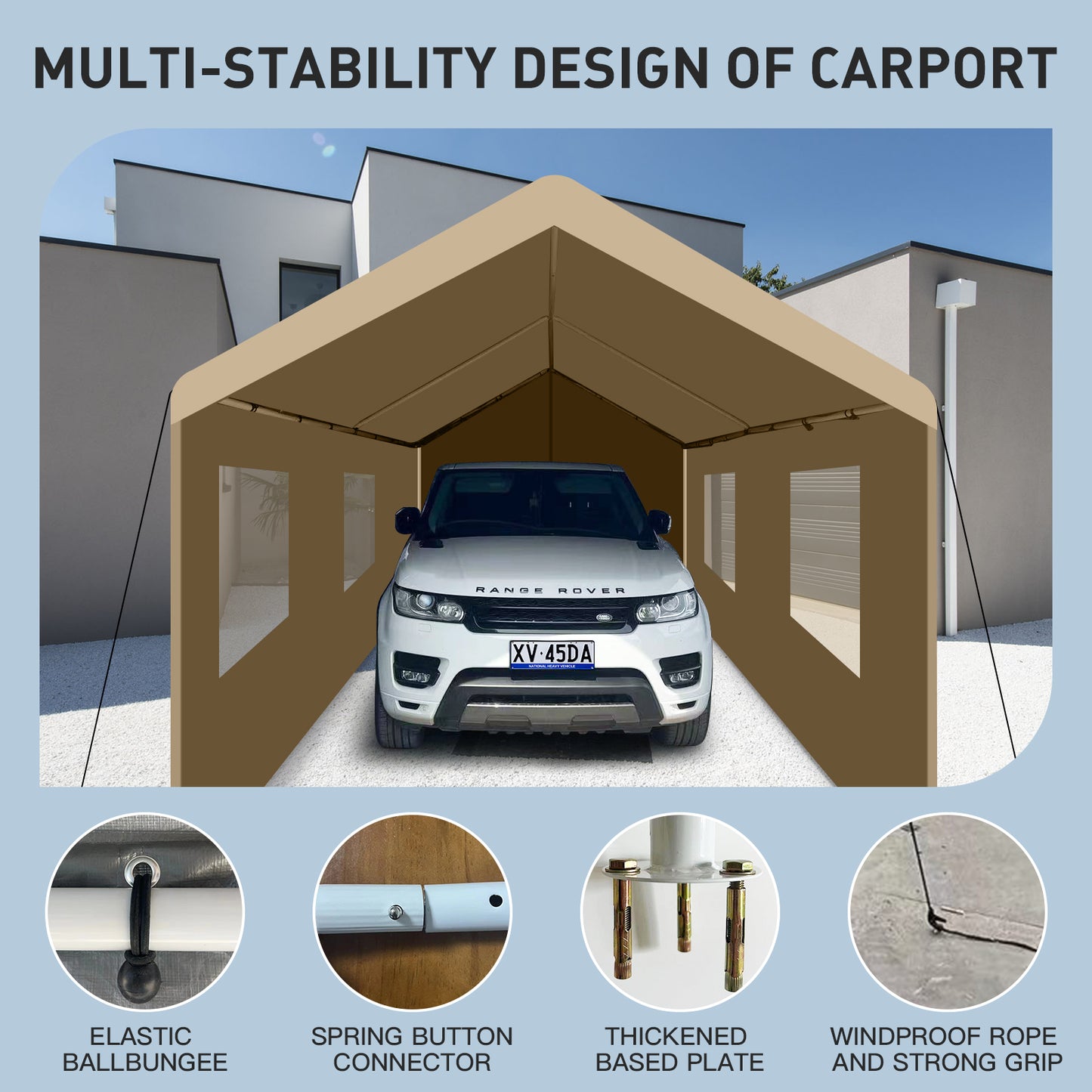 Beige carport with a white SUV inside featuring clear window panels