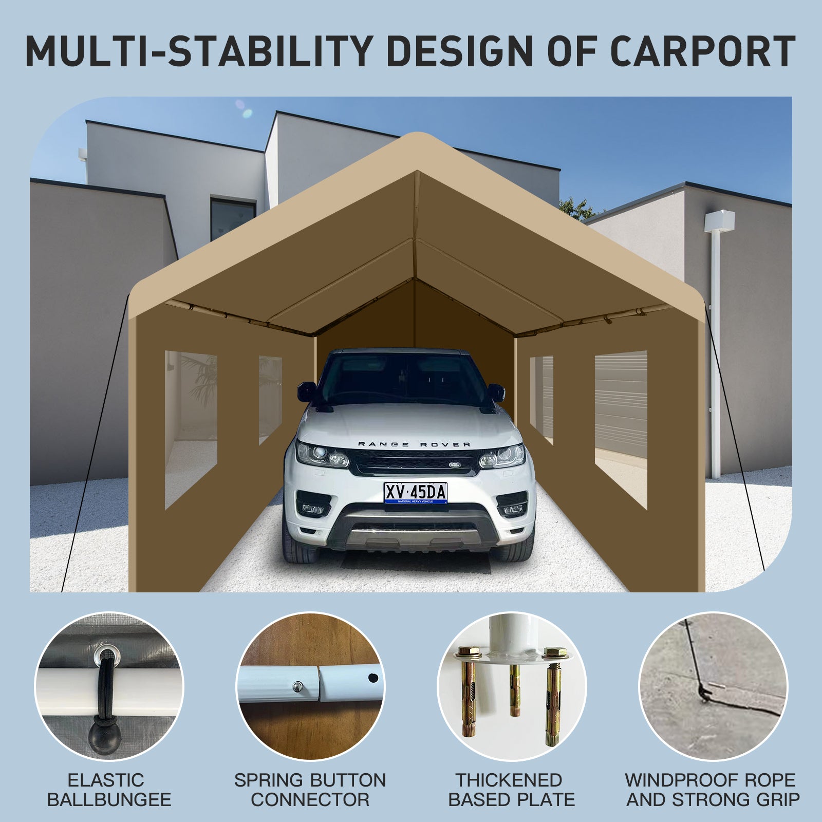 Beige carport with a white SUV inside featuring clear window panels