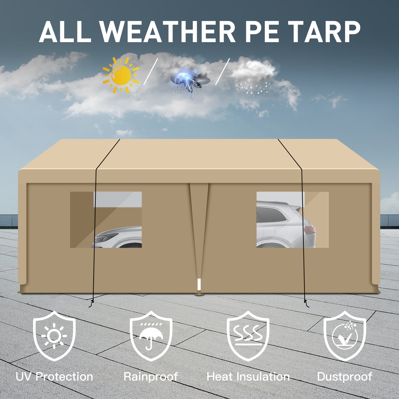 Tan allweather PE tarp shelter for car protection offering UV rain heat and dustproof features