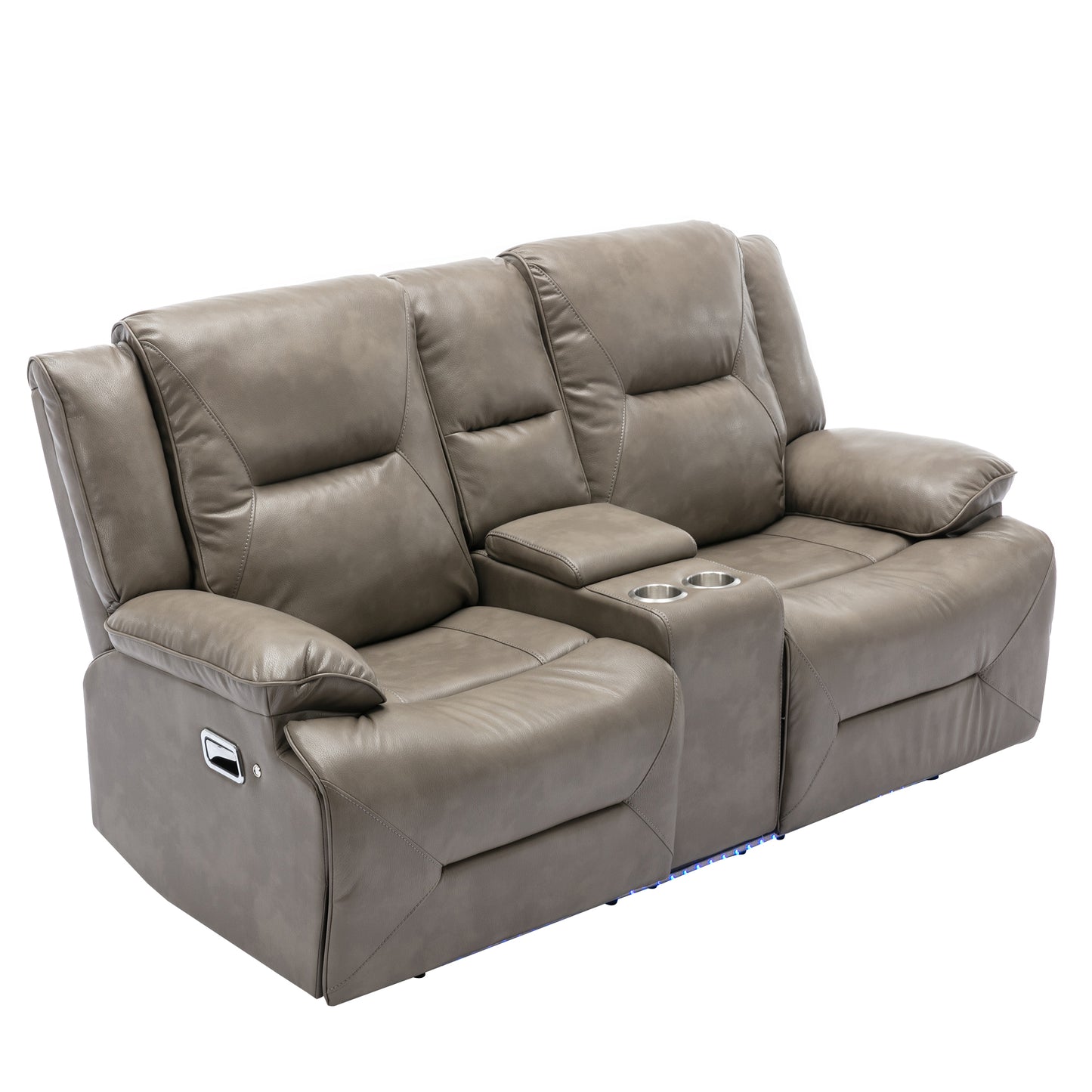 Brown leather reclining loveseat with builtin cup holders for modern living rooms
