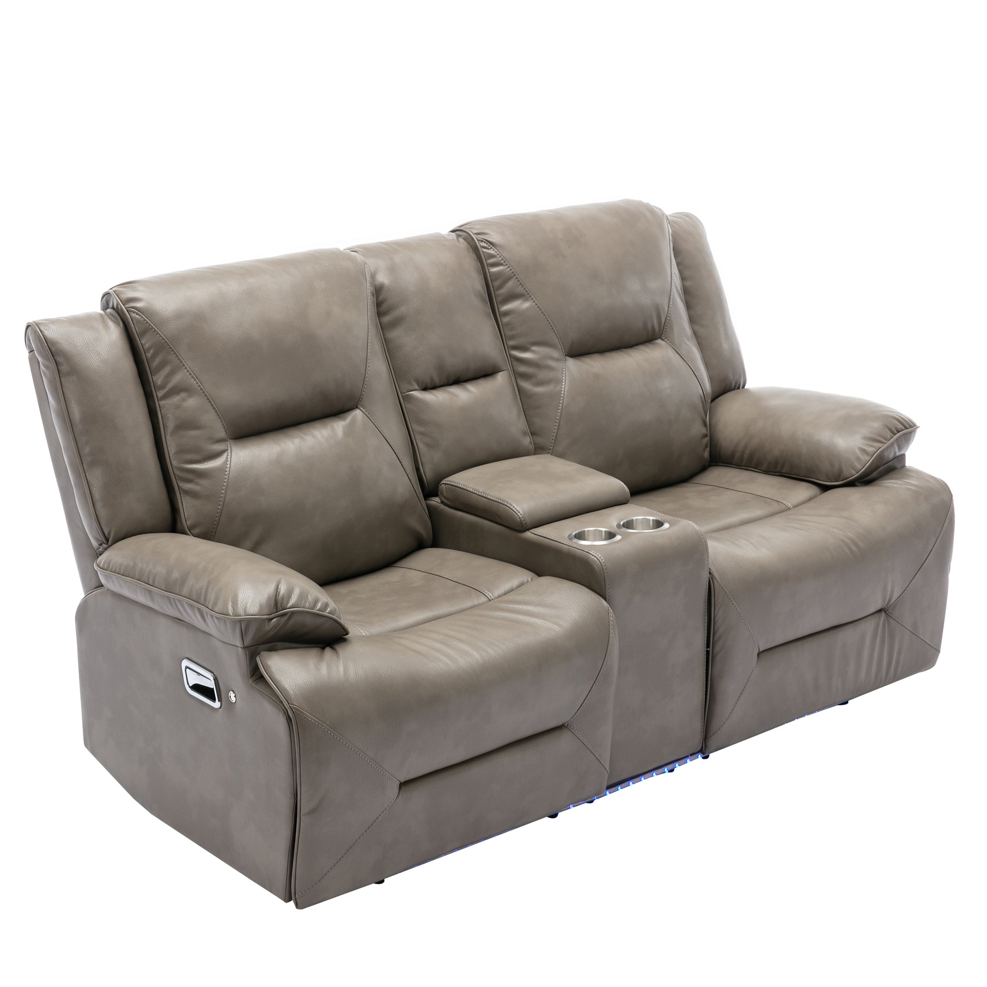 Brown leather reclining loveseat with builtin cup holders for modern living rooms