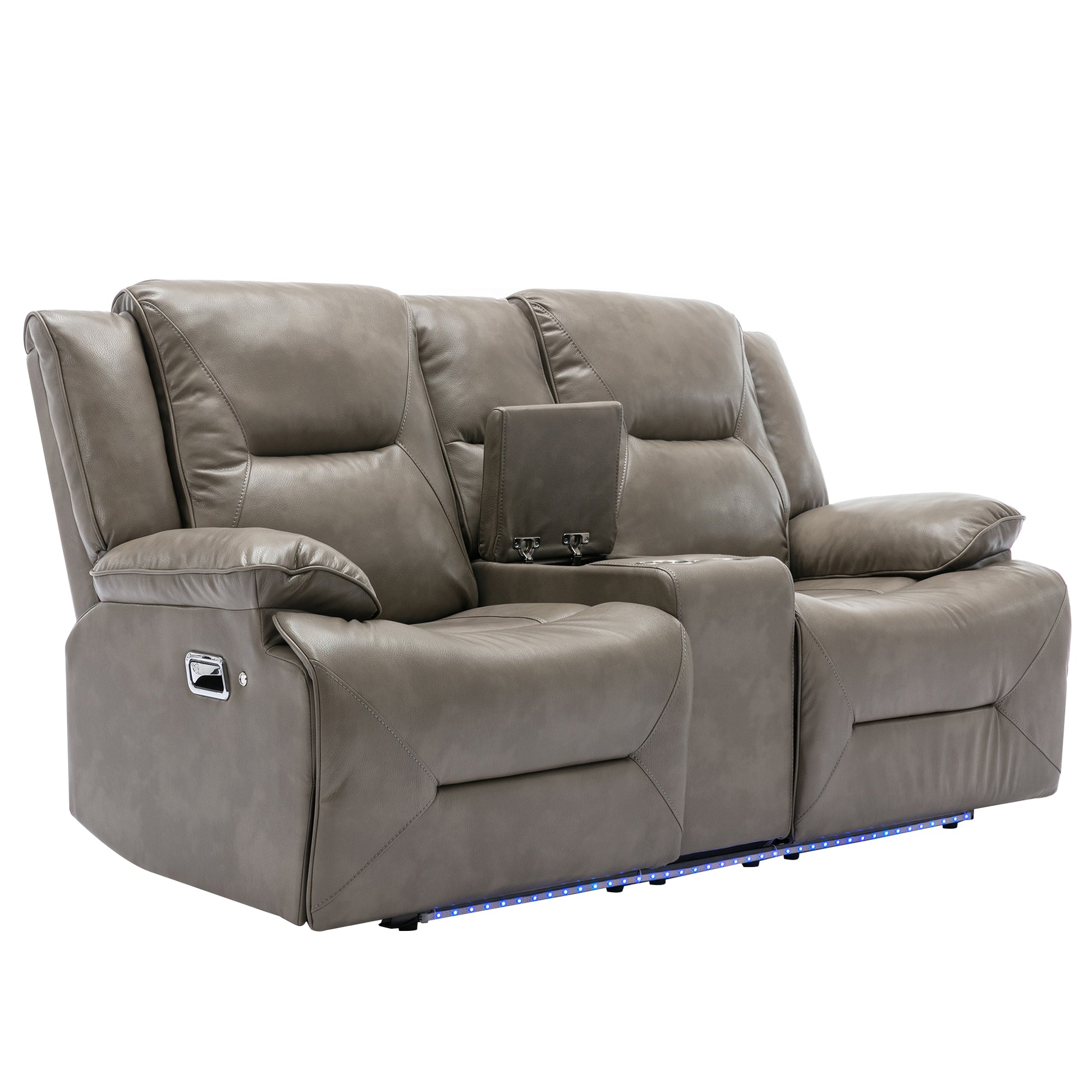 Gray leather double reclining sofa with builtin cup holders and LED lighting