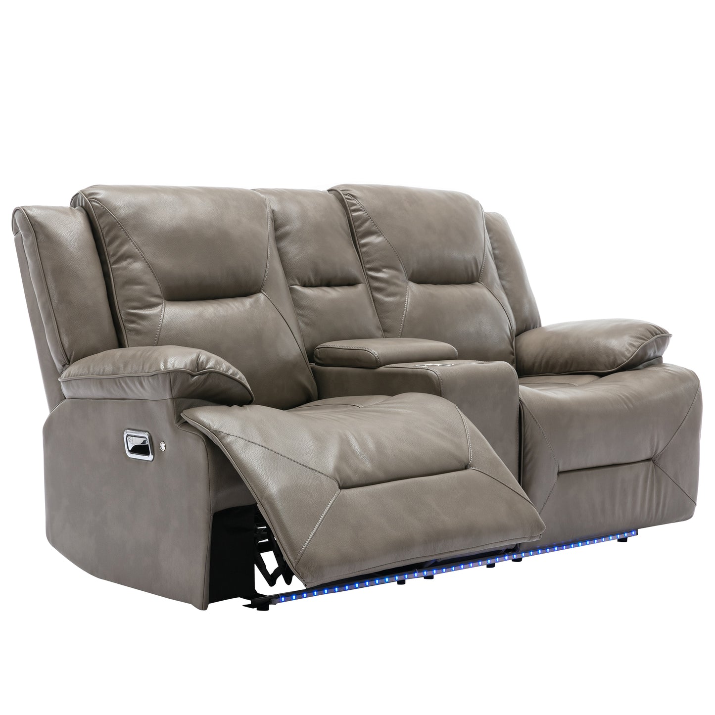 Grey leather loveseat recliner with cup holders and blue LED base lighting