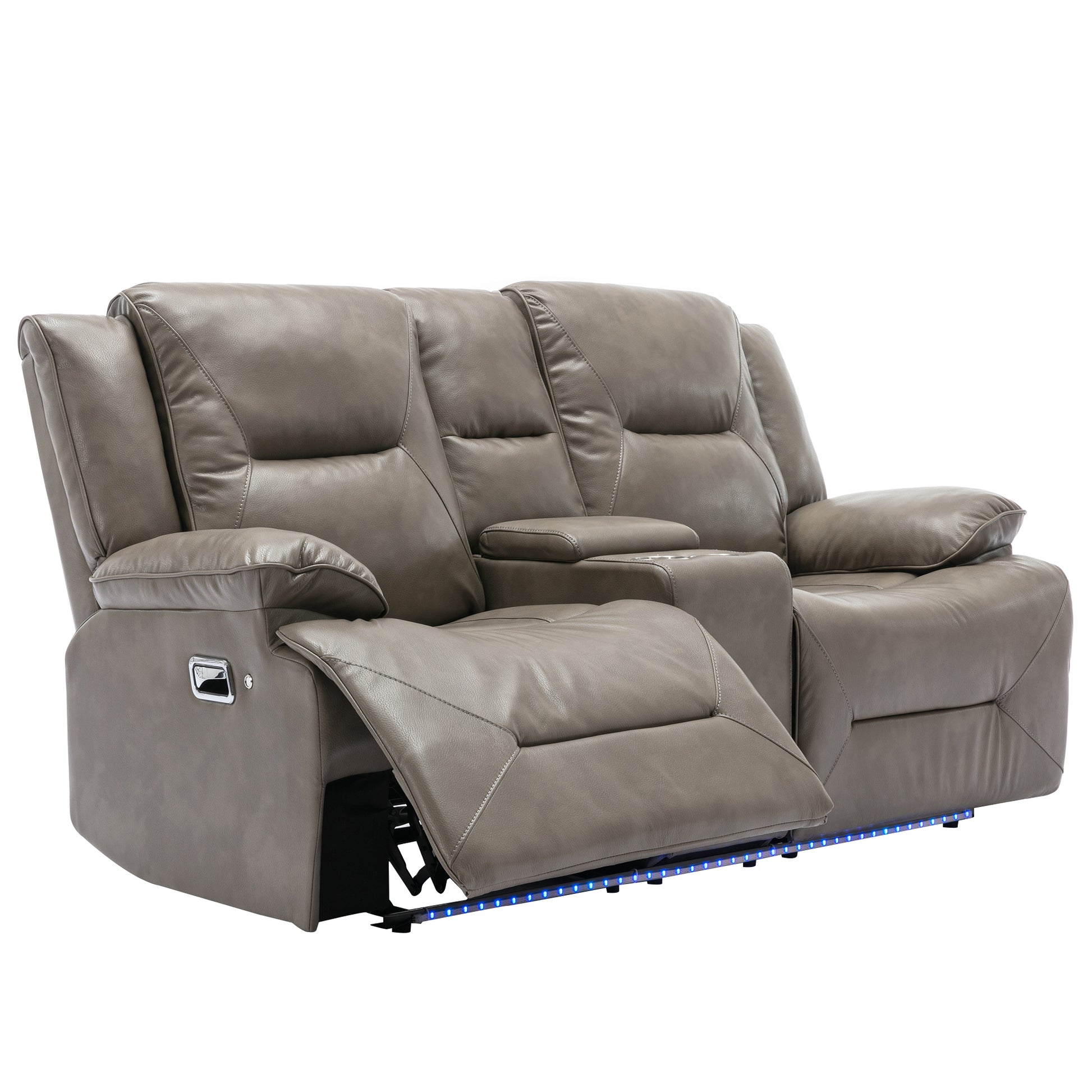 Grey leather loveseat recliner with cup holders and blue LED base lighting