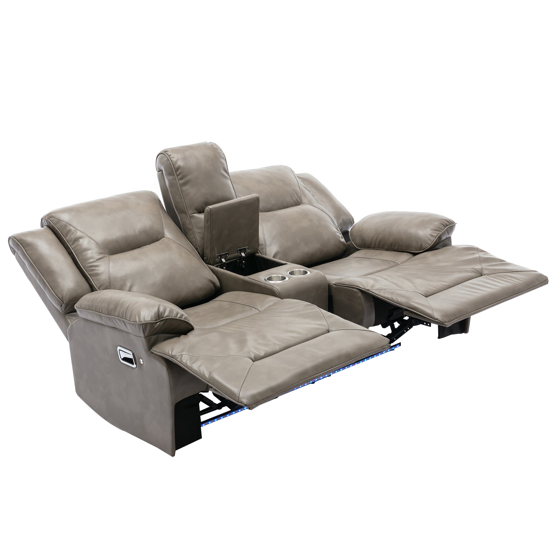 Taupe leather reclining loveseat with cup holders and LED lights