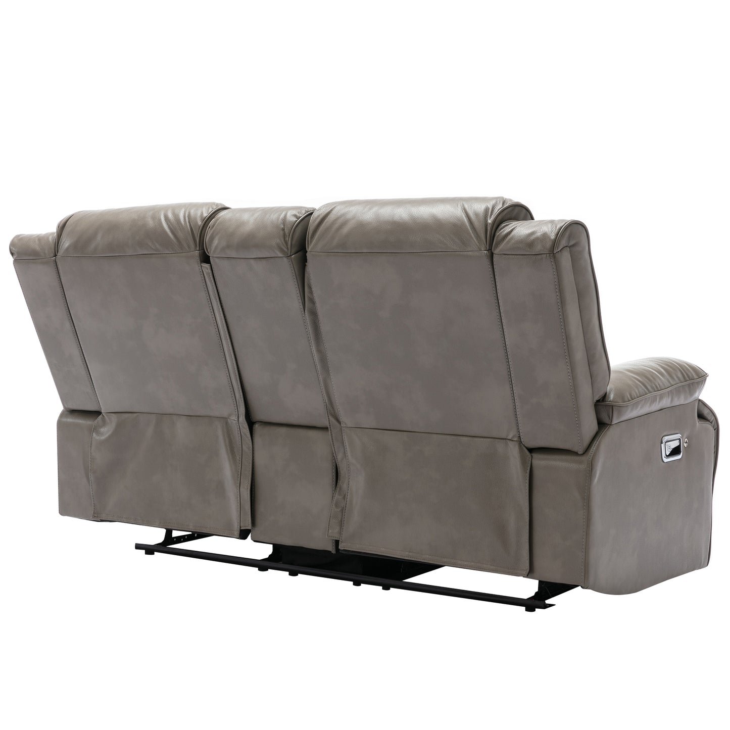 Grey leather recliner sofa back view showing tufted cushions and chrome handle for reclining function