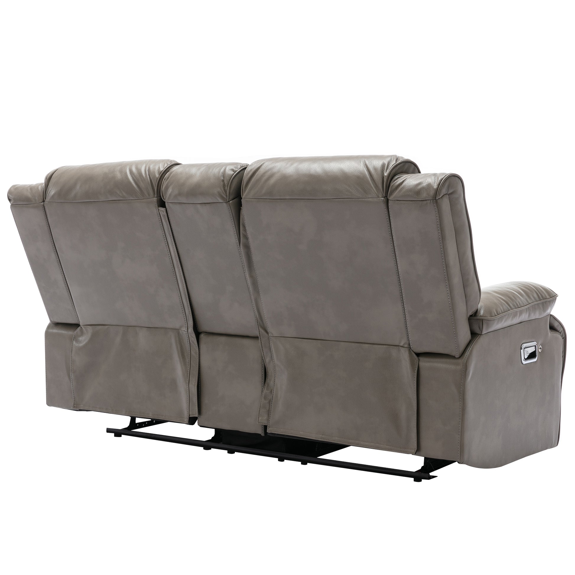 Grey leather recliner sofa back view showing tufted cushions and chrome handle for reclining function