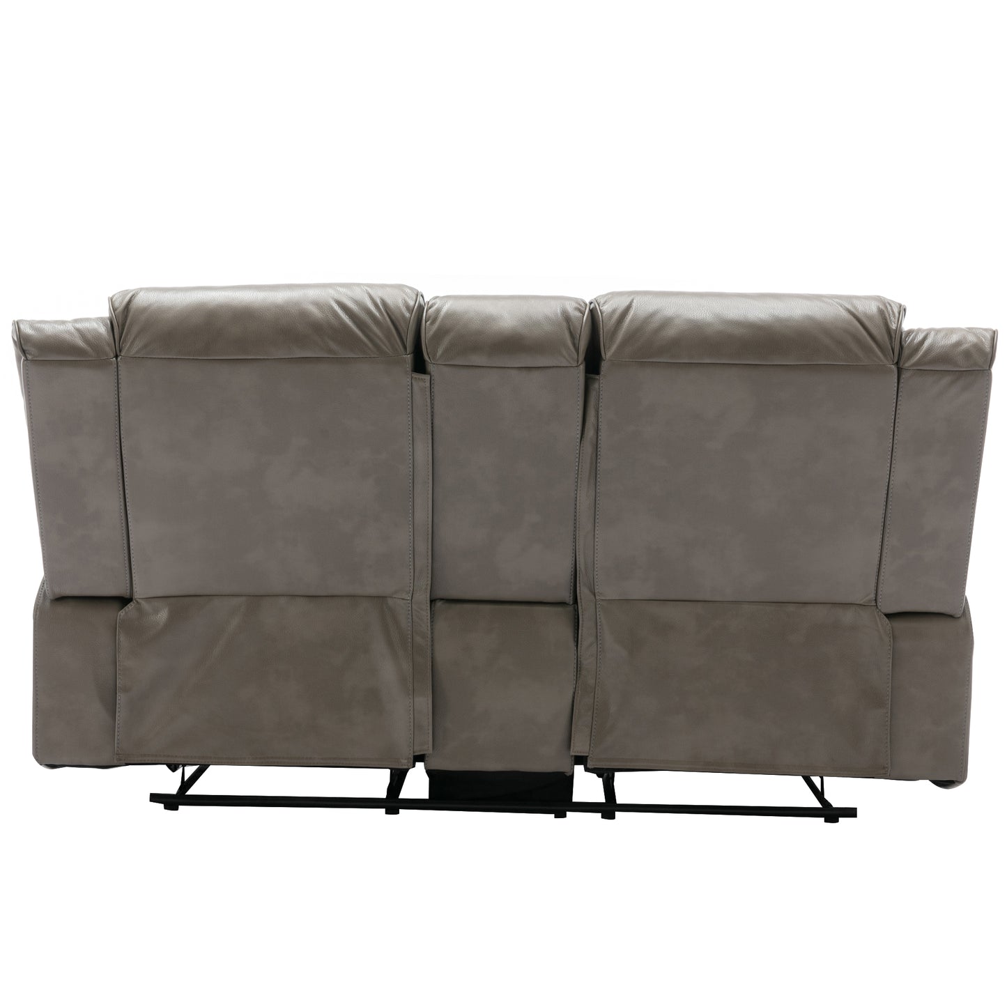 Back view of a plush grey leather threeseater recliner sofa with clean stitching details