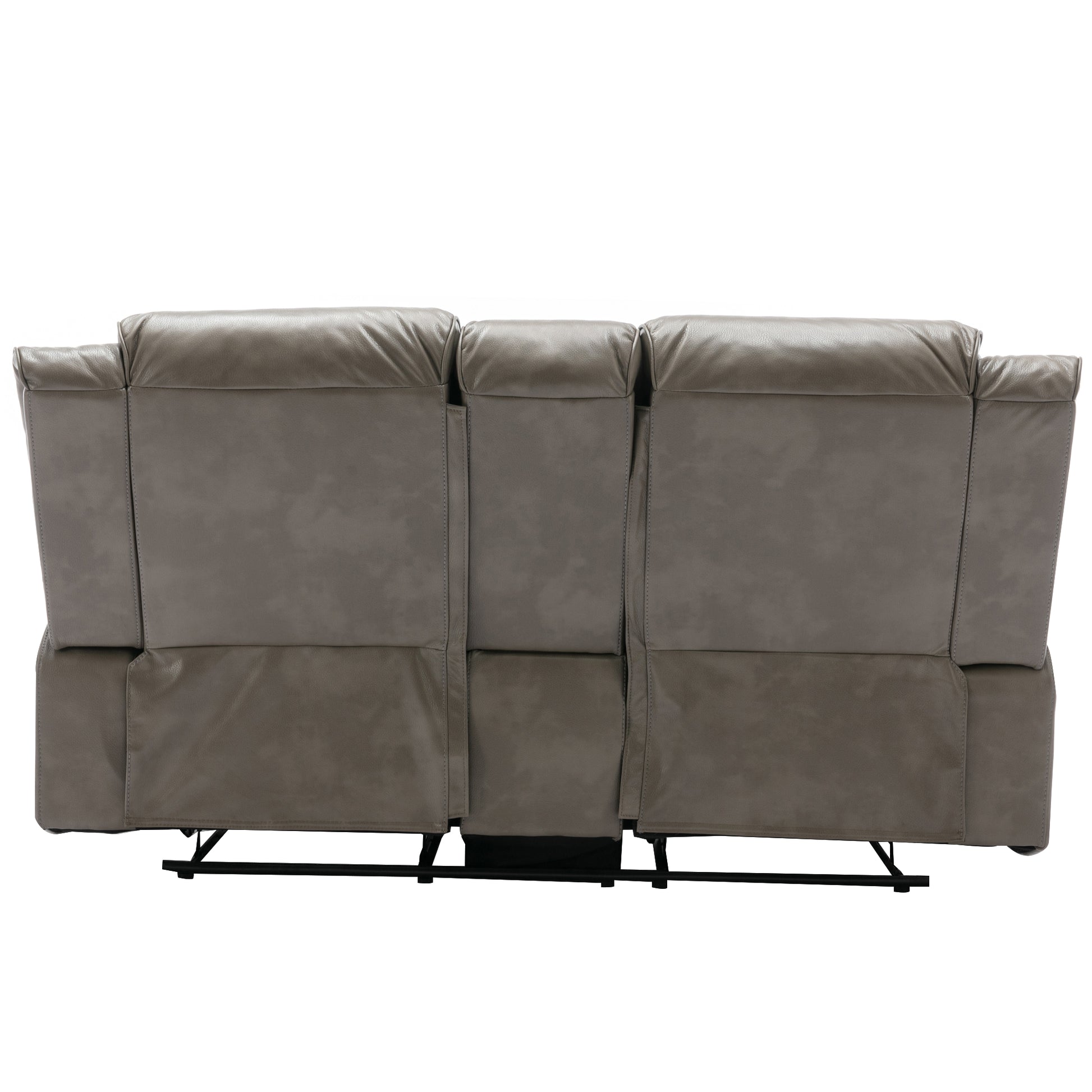 Back view of a plush grey leather threeseater recliner sofa with clean stitching details