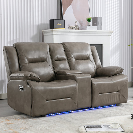 Grey leather reclining sofa with builtin cup holders and LED lighting