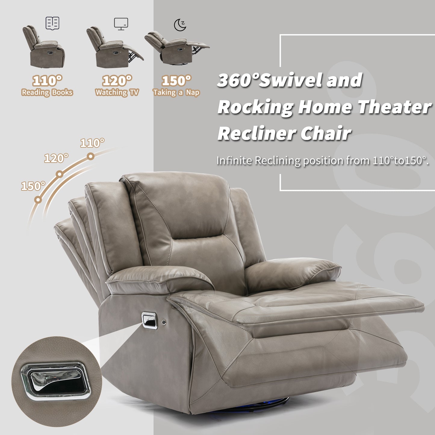 Taupe leather reclining home theater chair with  swivel function for ultimate comfort