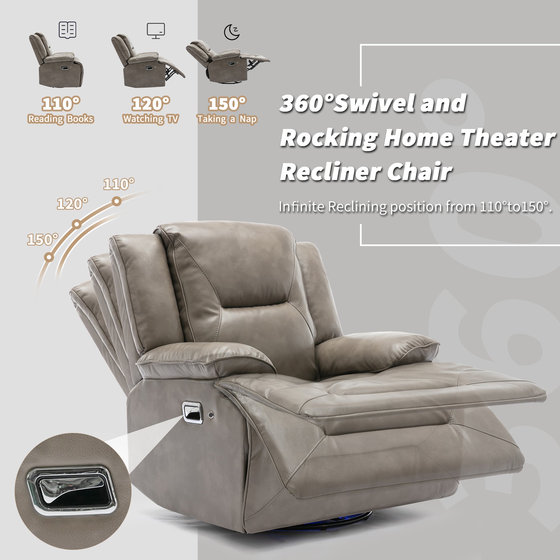 Taupe leather reclining home theater chair with  swivel function for ultimate comfort