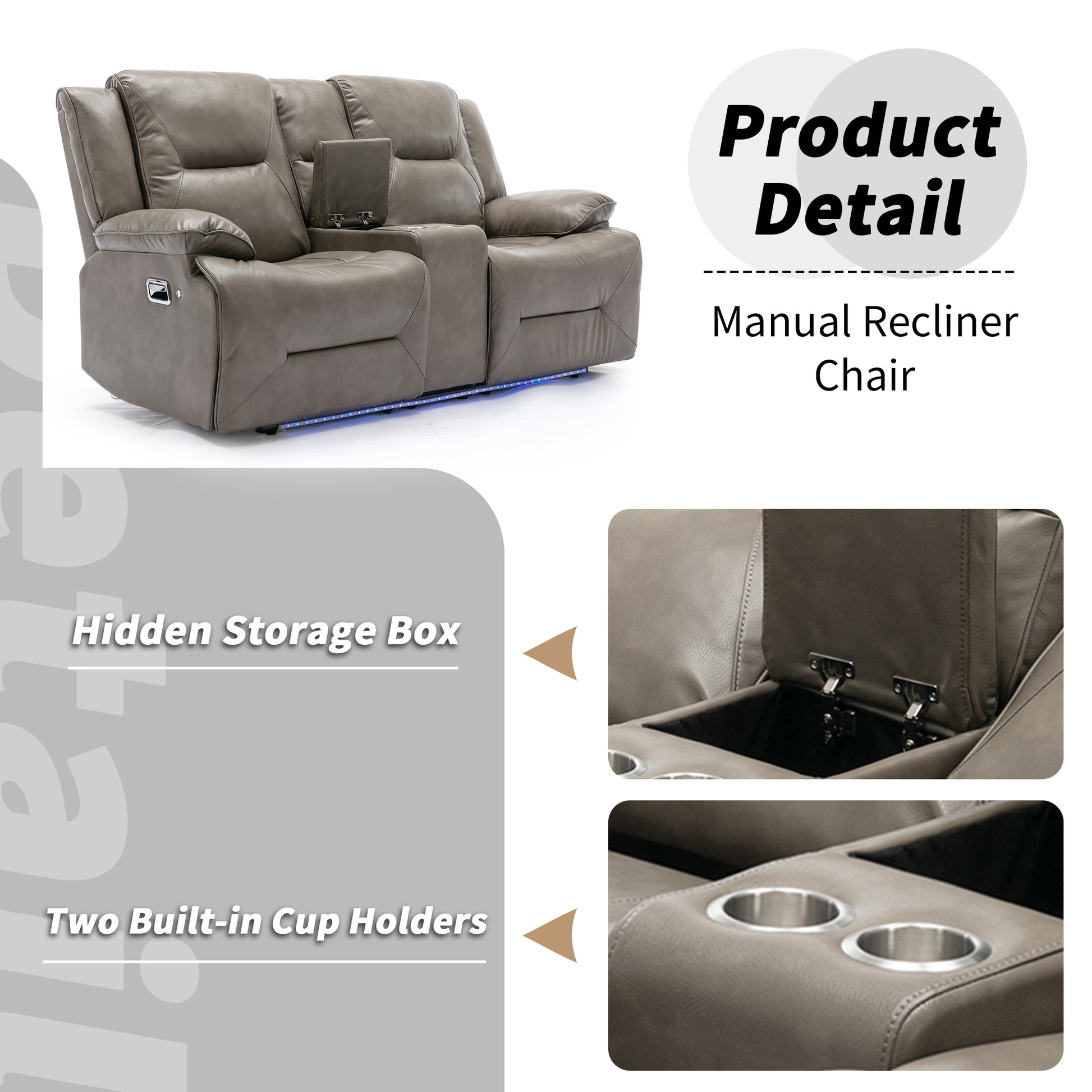 Gray manual recliner chair with hidden storage and cup holders