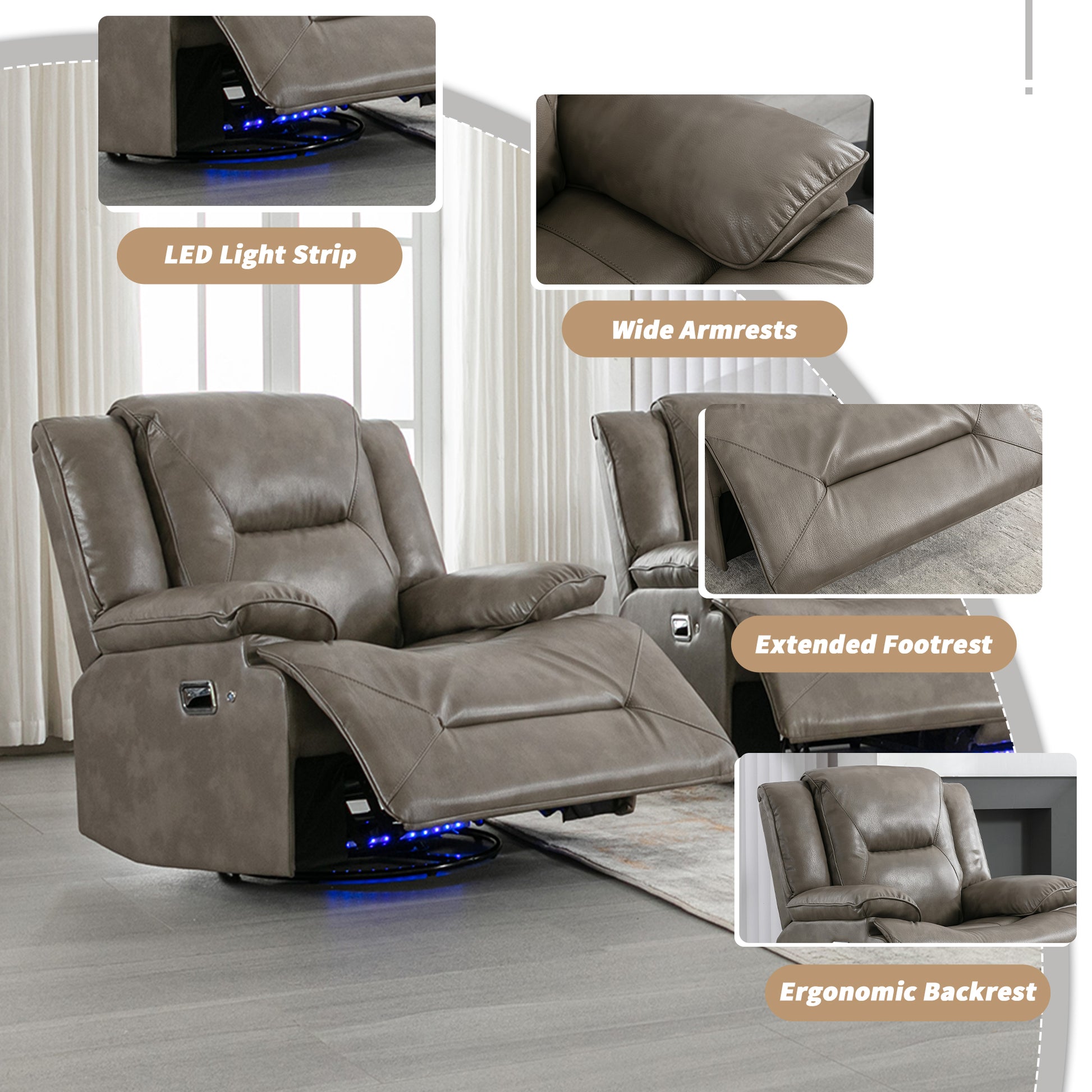 Gray faux leather recliner with extended footrest and blue LED light strip