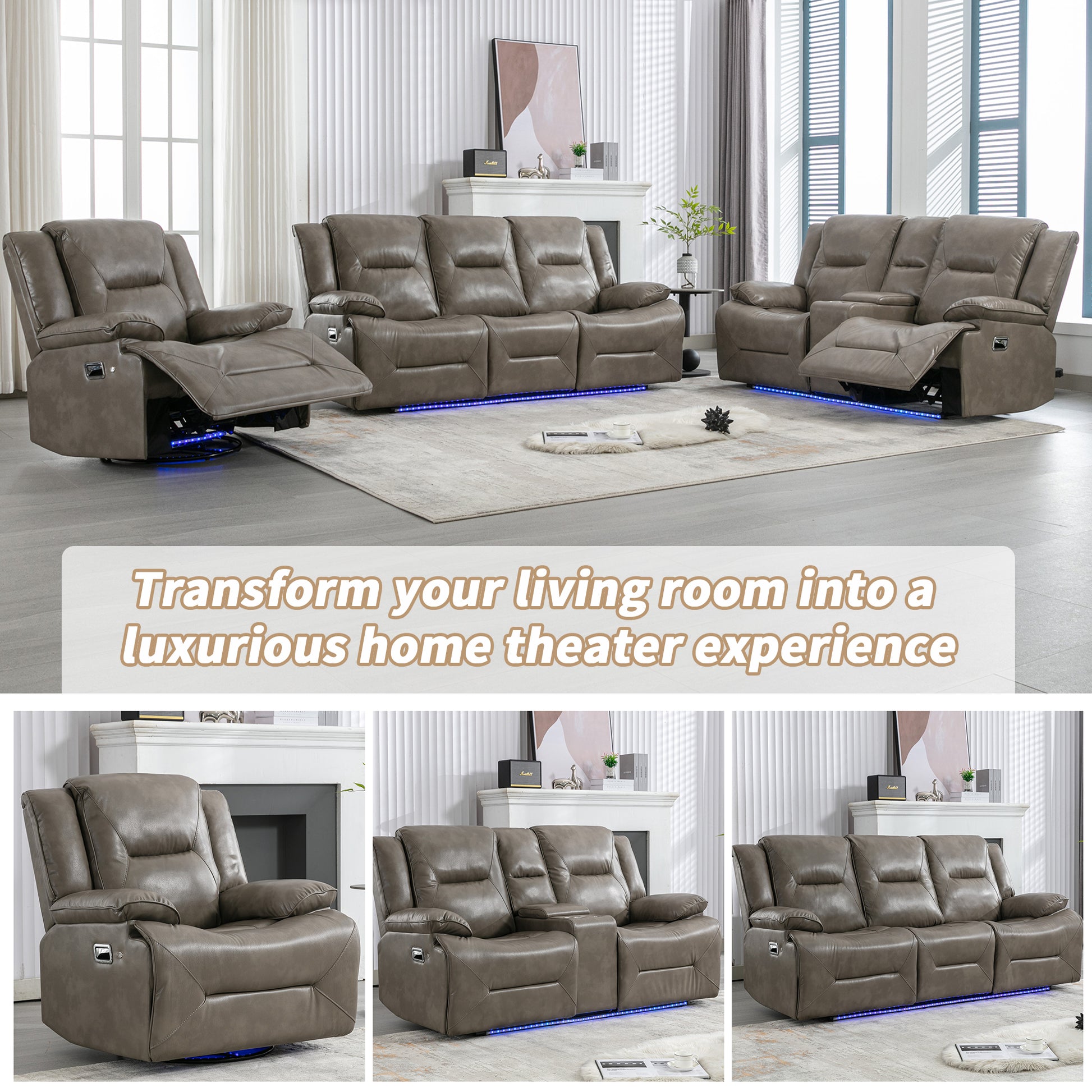 Grey leather reclining armchair with illuminated base and cup holder