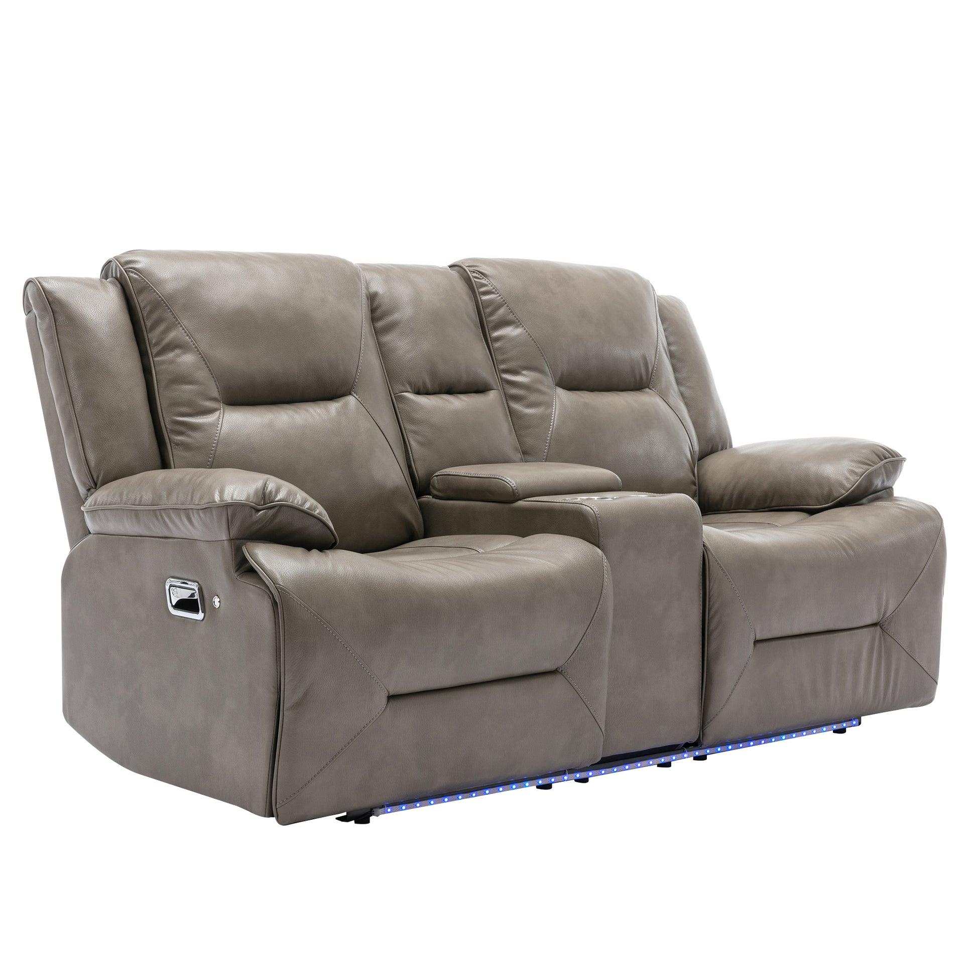 Taupe leather loveseat recliner with USB ports and LED lighting