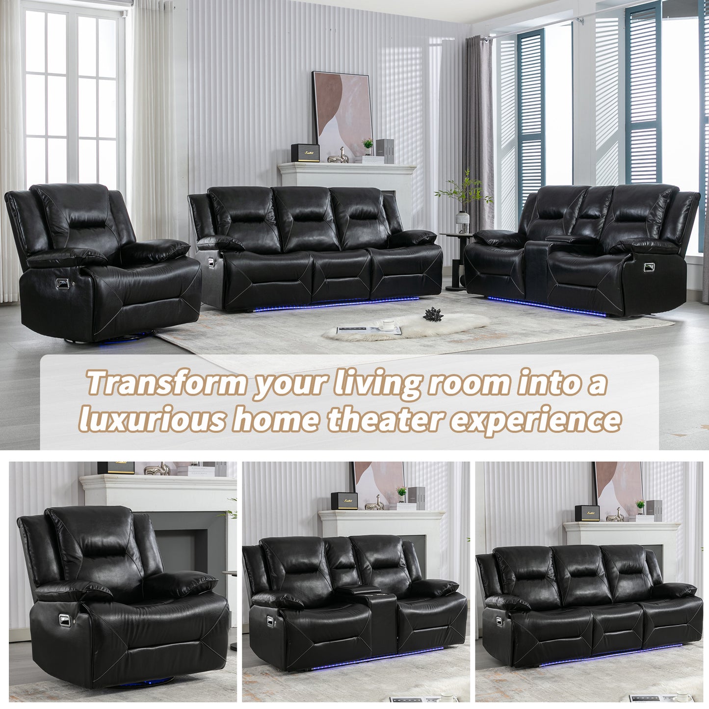 Black leather power recliner chair with LED lighting and silver accents