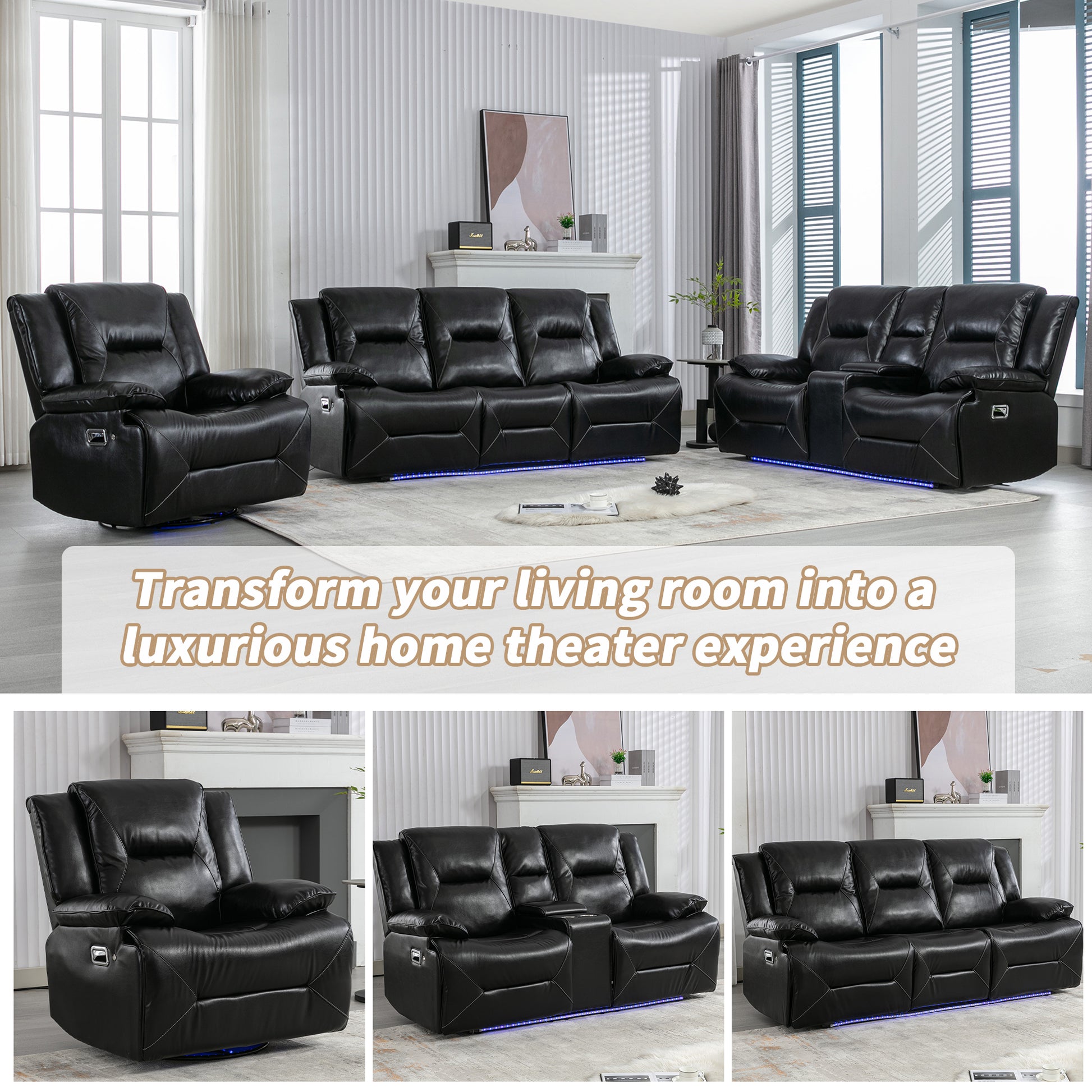 Black leather power recliner chair with LED lighting and silver accents