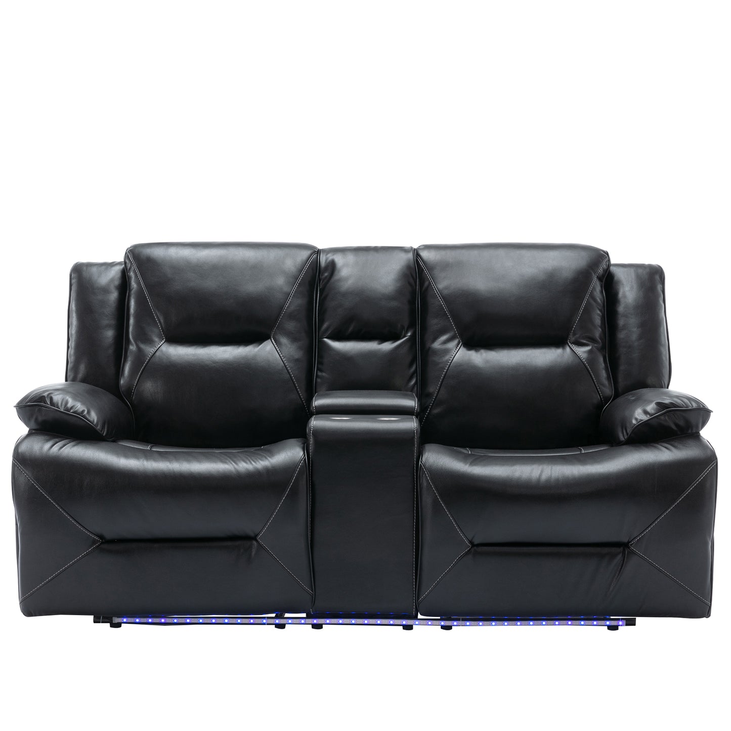 Black leather reclining sofa with cup holder and LED base lighting