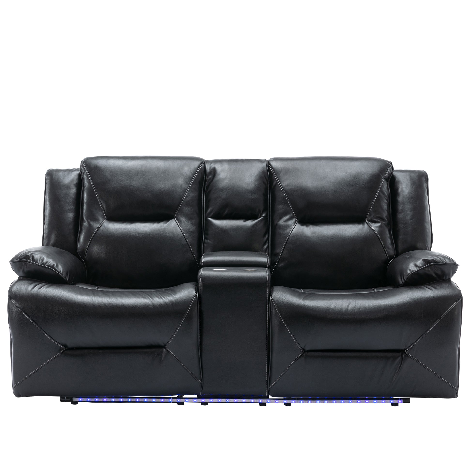 Black leather reclining sofa with cup holder and LED base lighting