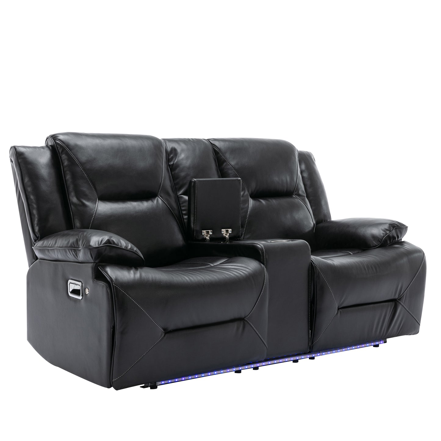 Black leather recliner loveseat with cup holders and LED base lighting