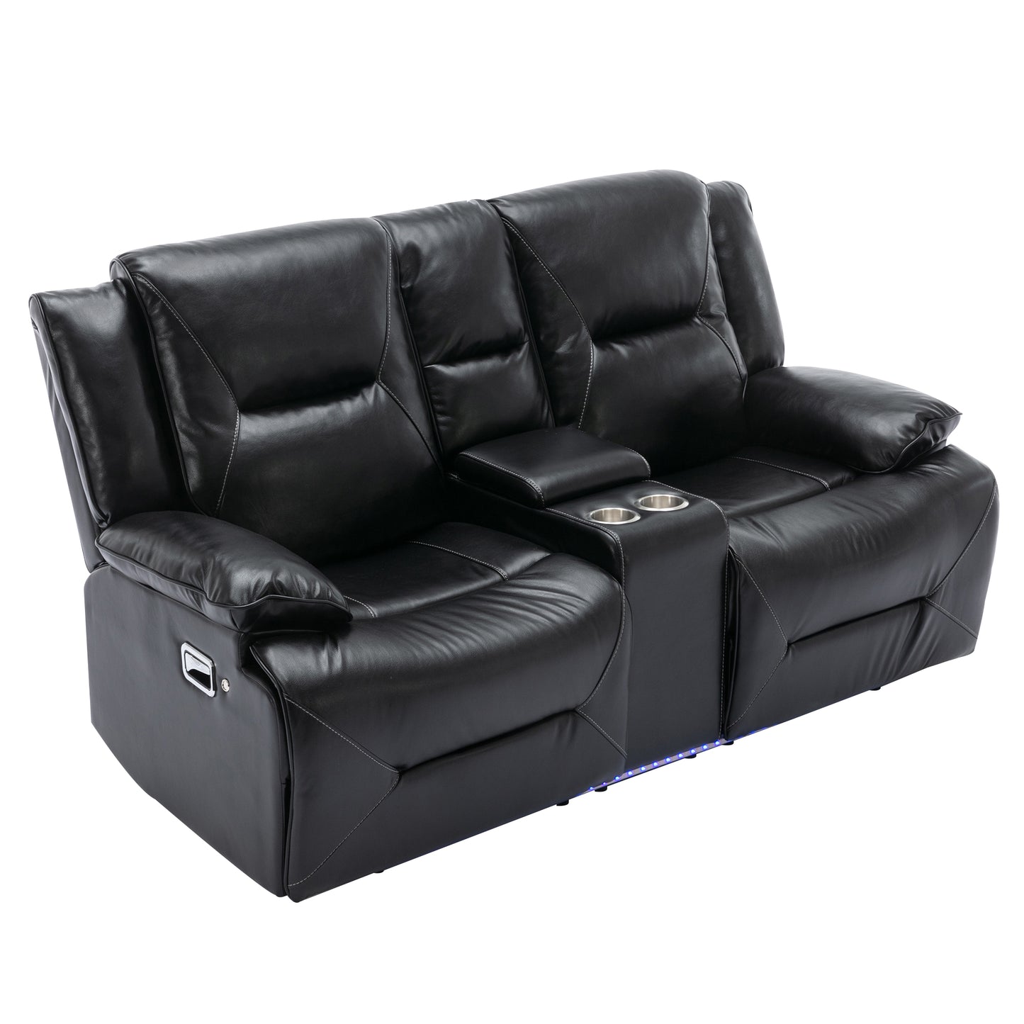Black leather recliner loveseat with dual cup holders and LED accent lighting