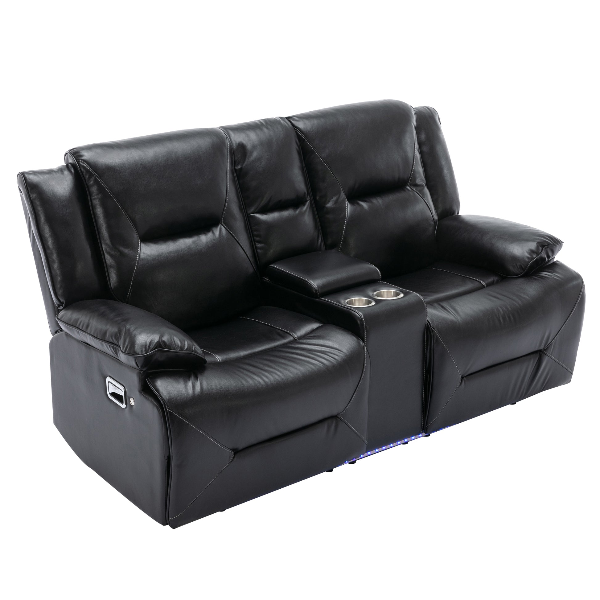 Black leather recliner loveseat with dual cup holders and LED accent lighting