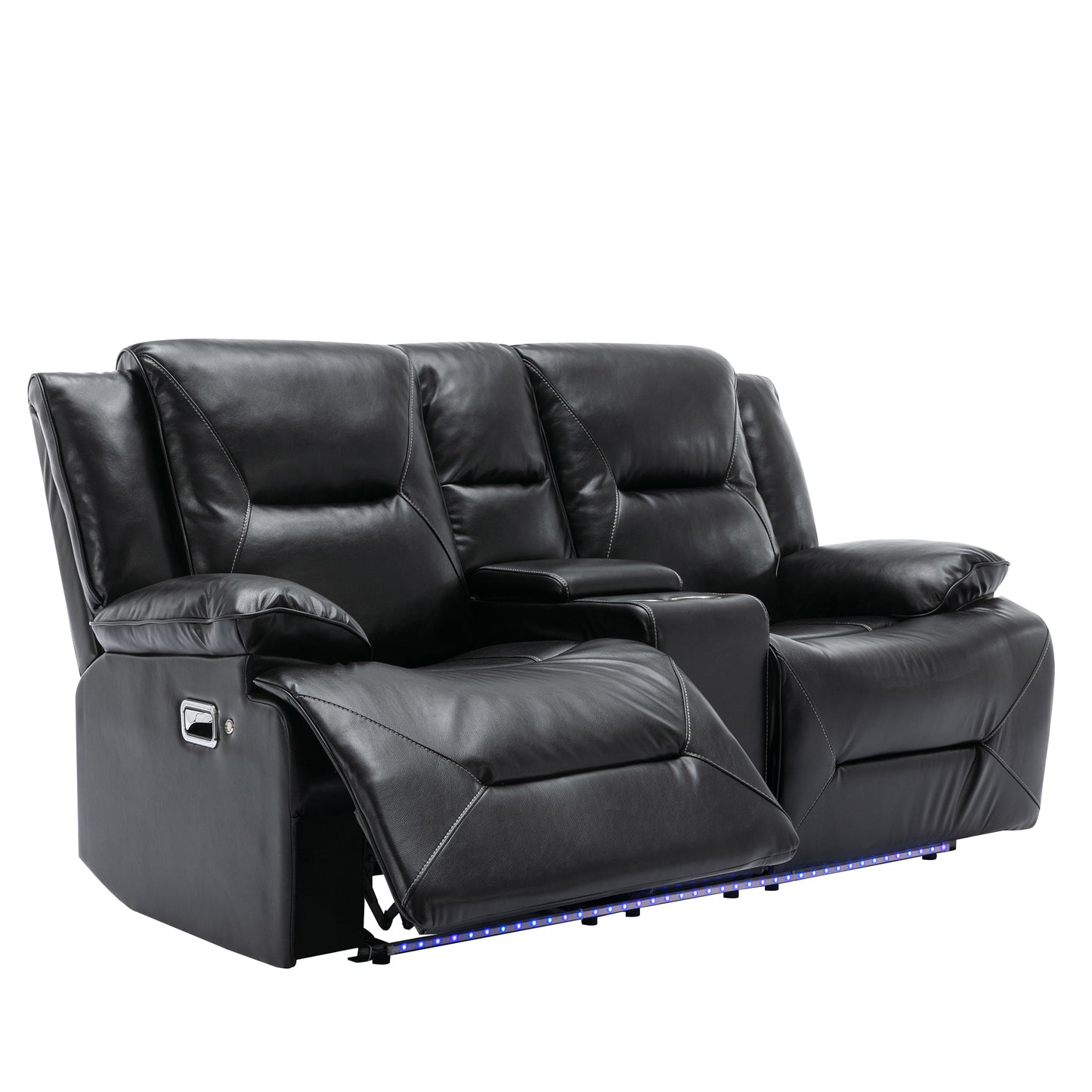 Black leather loveseat recliner with builtin cup holders and LED lighting