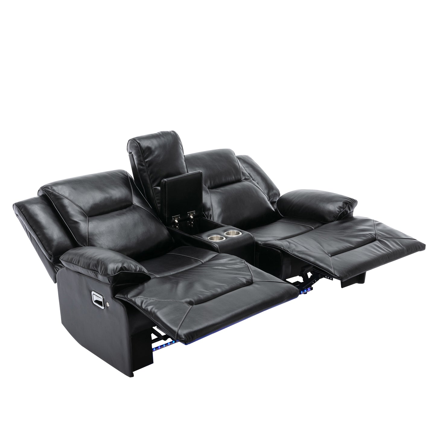 Black leather theater seat with reclining footrest and builtin cup holders