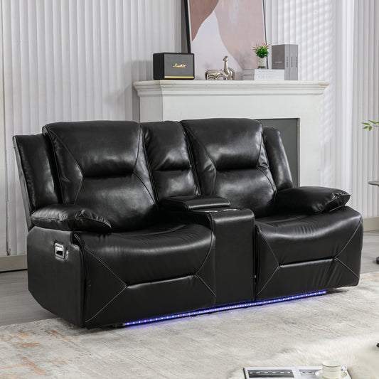 Black leather loveseat recliner with plush cushions armrest storage and blue LED accent lighting