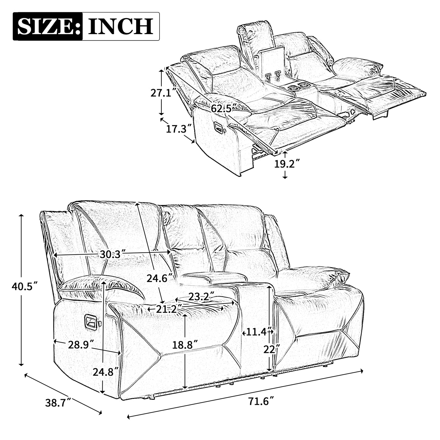Diagram showing a recliner loveseat with dimensions for height width and depth