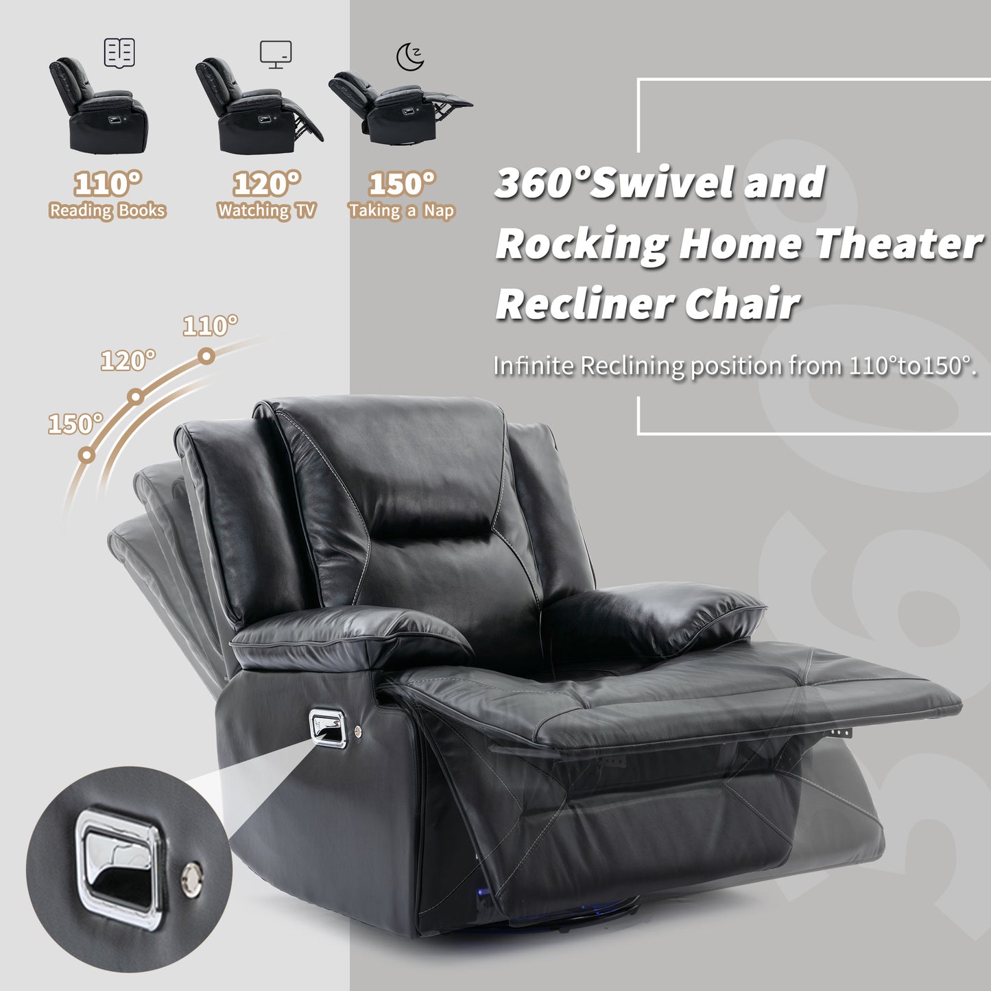 Black leather home theater recliner chair with infinite reclining positions