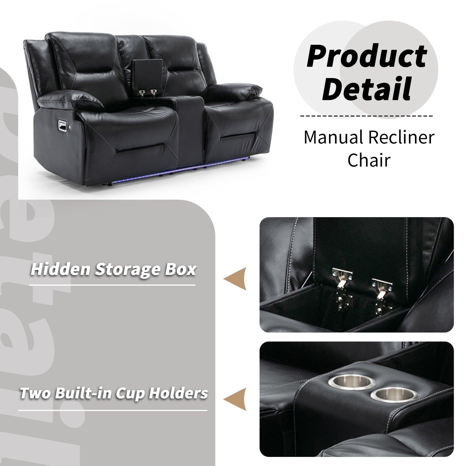 Black leather recliner chair with dual cup holders and hidden storage compartment