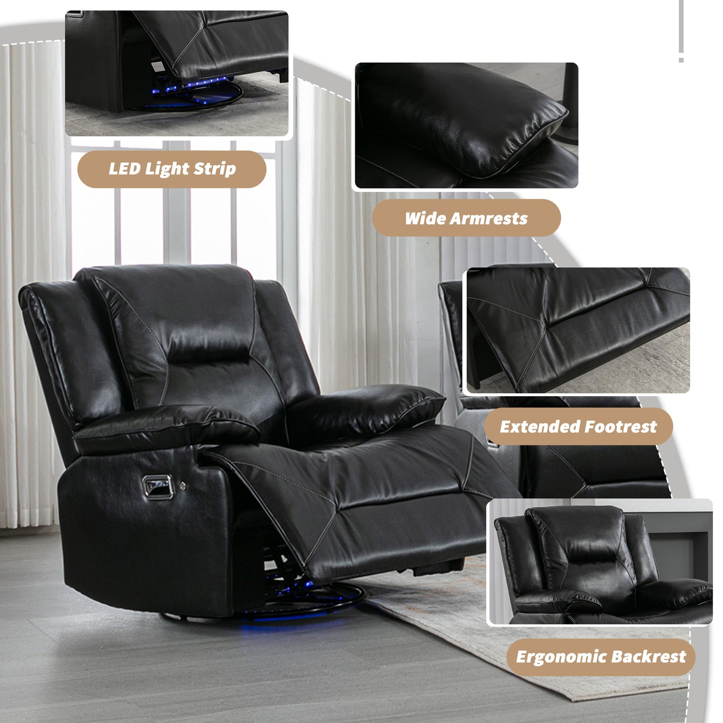 Black leather recliner chair with LED light strip under the base