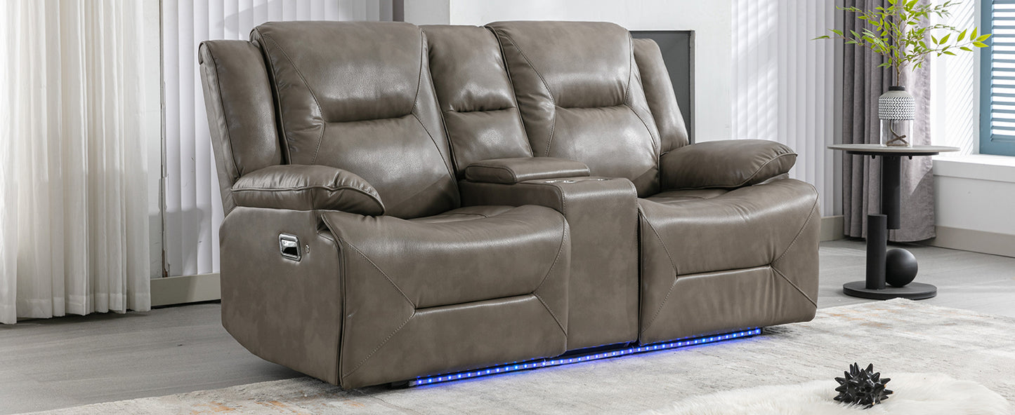 Taupe leather reclining loveseat with integrated cup holders and LED base lighting