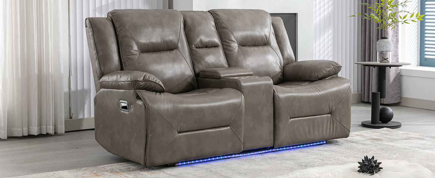 Taupe leather reclining loveseat with integrated cup holders and LED base lighting