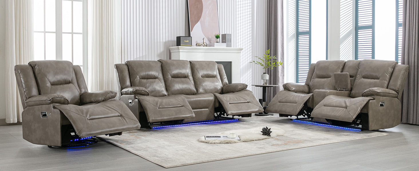 Taupe reclining sofa with plush cushions and integrated LED lighting for a modern living room