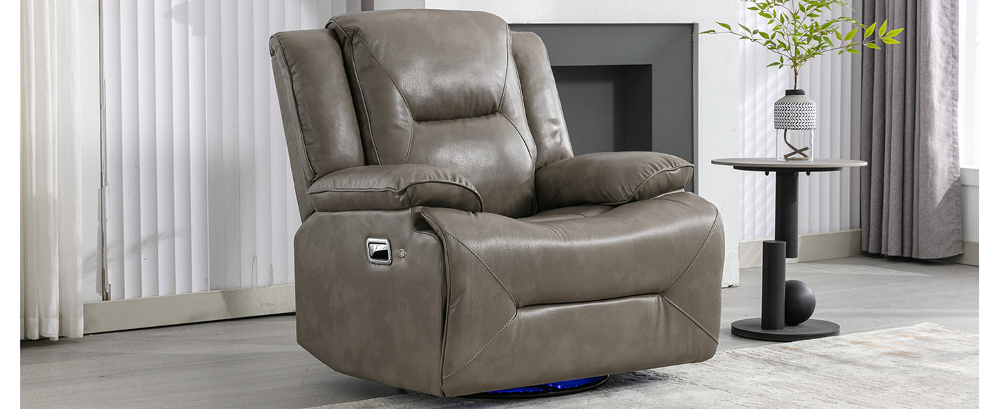 Grey leather recliner chair with chrome handle and blue LED base light