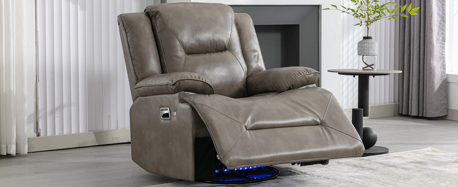 Comfortable gray leather recliner with plush cushioning and chrome accents for ultimate relaxation