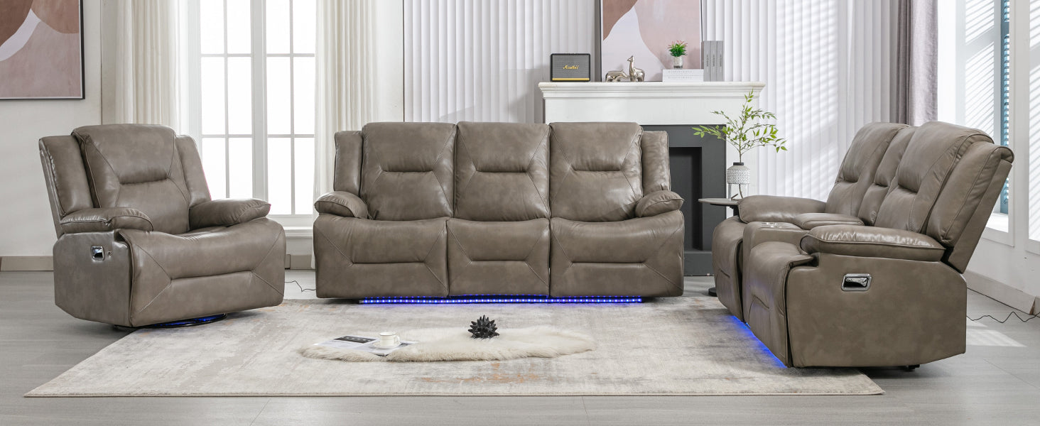 Taupe leather recliner chair with padded arms and cup holder