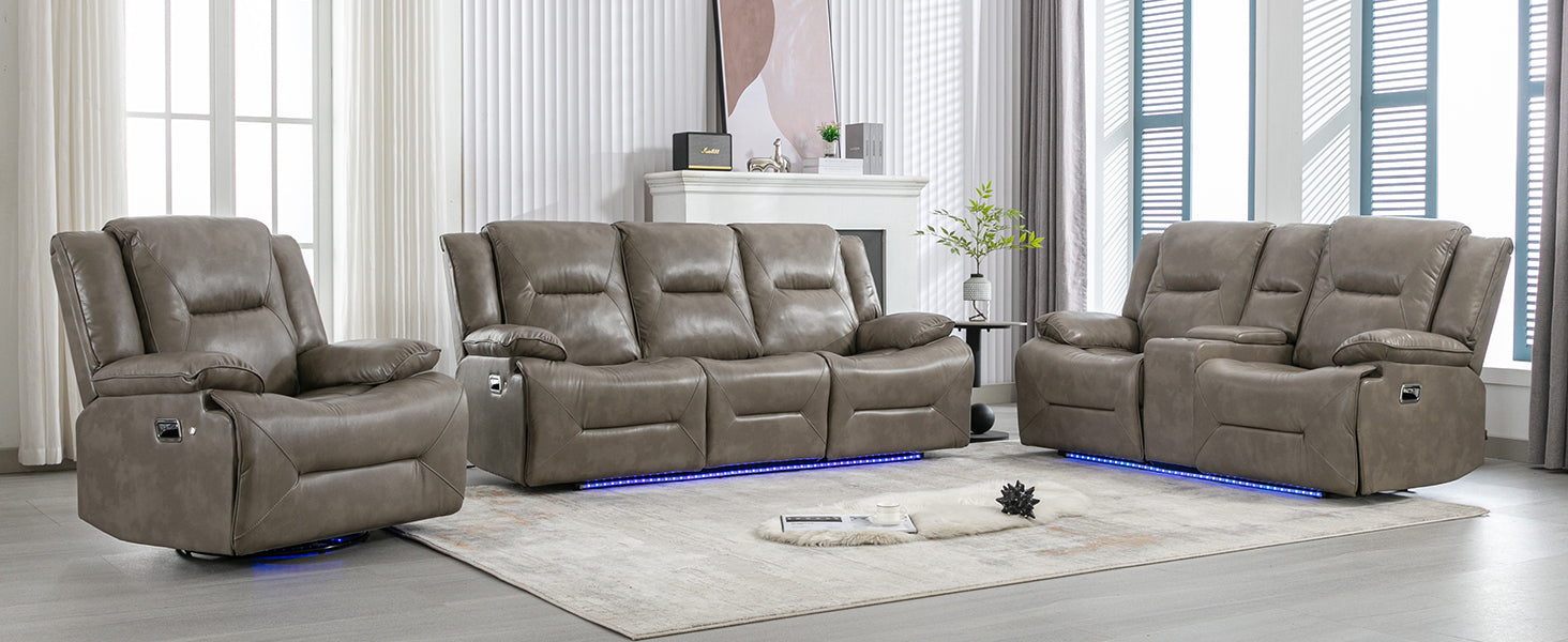 Taupe leather reclining sofa with plush cushions and integrated cup holders