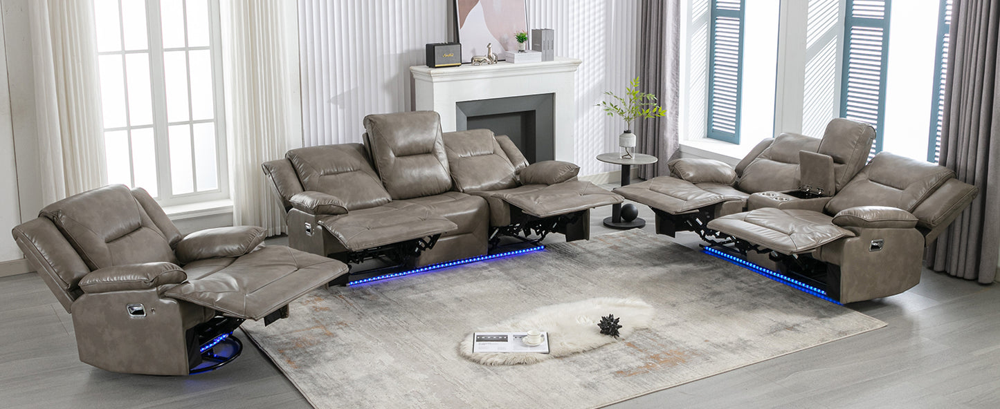 Gray leather power recliner sectional sofa with blue LED lighting