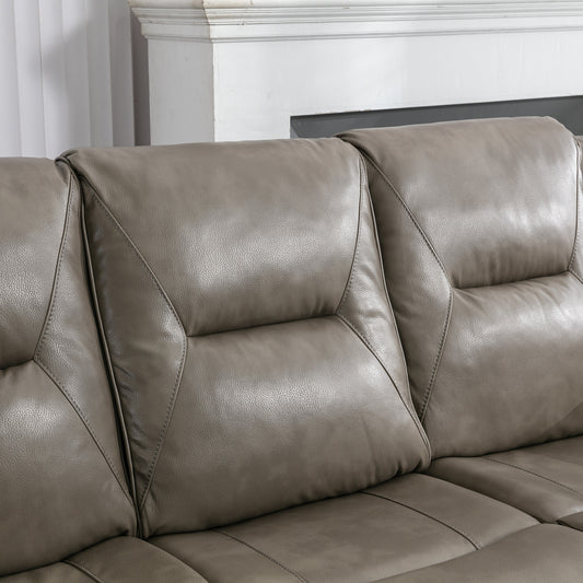 Close up of a plush taupe leather reclining sofa highlighting stitch detail and comfortable cushioning