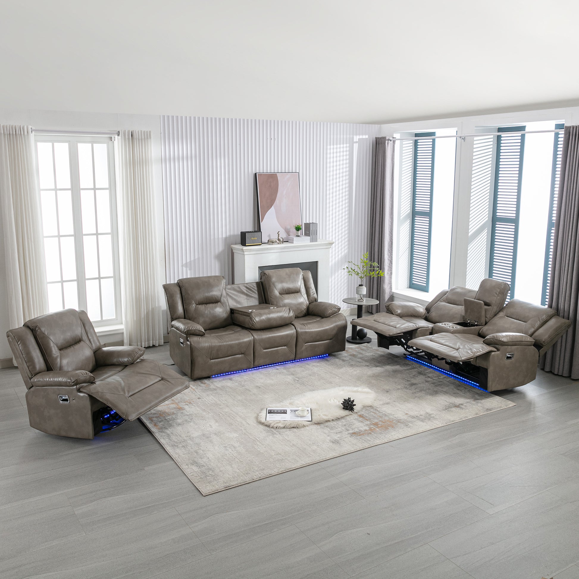 Brown leather recliner sofa set with cup holders and blue LED base lighting