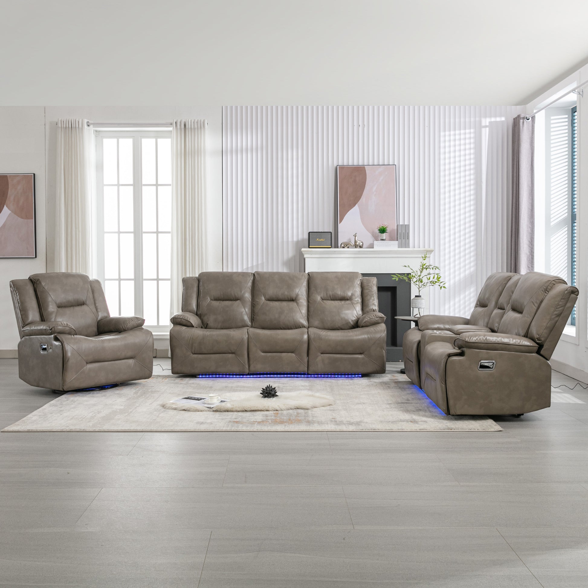 Taupe leather reclining sofa with plush cushions and modern LED accent lighting